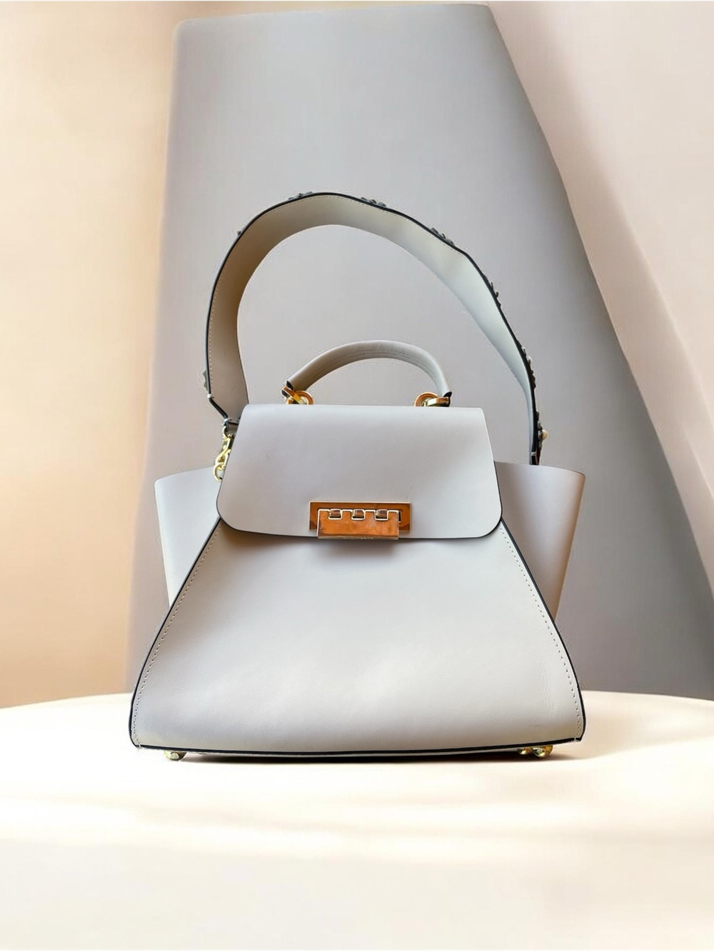 ZAC Zac Posen Light Gray Structured Top-Handle Satchel with Gold Hardware